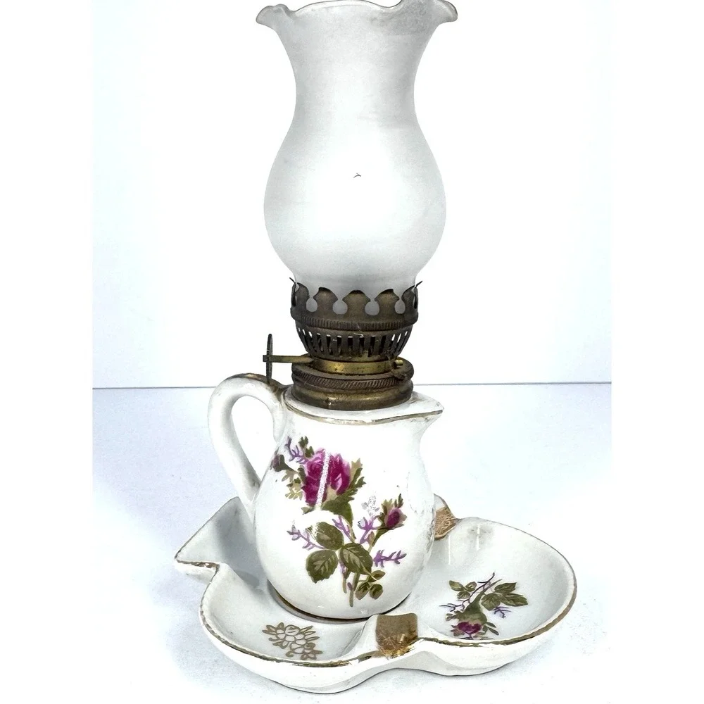 Vintage Miniature Finger Oil Lamp Porcelain‎ Floral Base Milk Glass Chimney